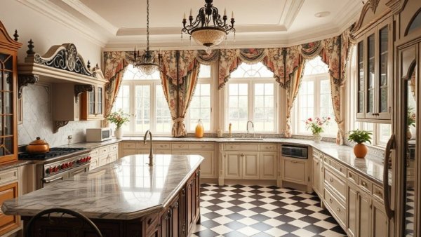 Timeless kitchen design with marble countertops and checkered flooring.
