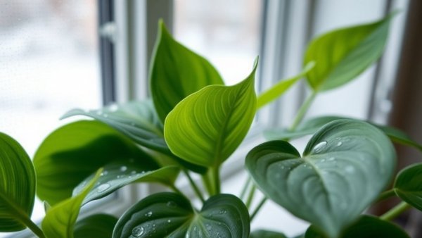 Houseplant enhancing indoor air quality during winter near a frosty window.