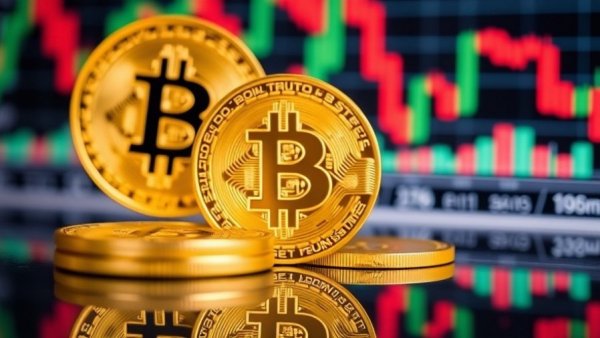 Gold Bitcoin coins with financial chart, symbolizing Bitcoin market decline.