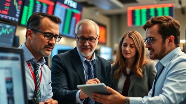 Financial professionals analyzing data related to emerging market bonds investment in a trading room.