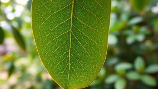 Close-up of eucalyptus leaf showing detailed veins.