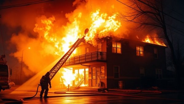 Firefighters battling building fire, emphasizing homeowner insurance.