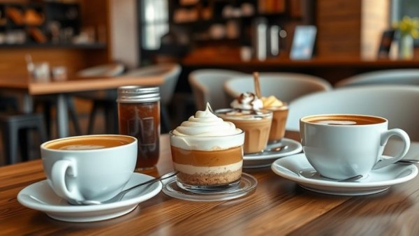 Assorted stylishly presented coffee cups with desserts on wooden table.