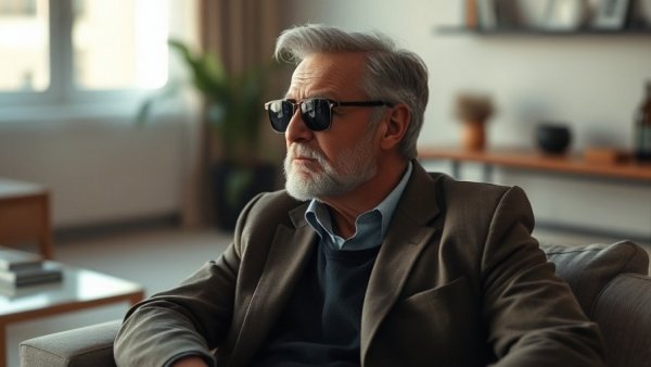 Chic man in sunglasses sitting in a modern, stylish room.