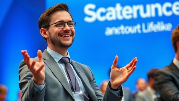 Young man discussing at a conference about youth financial services on a stage.