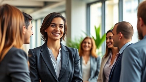 Confident leader smiling during team meeting, questions to assess amazing boss.