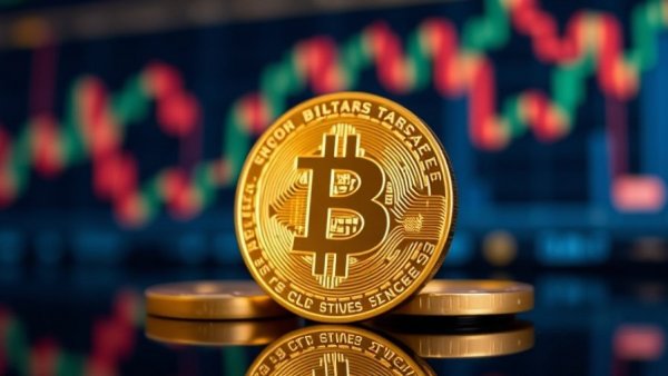 Golden Bitcoin coin with stock graph in background; Cryptocurrency age of speculation.