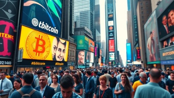 Bitcoin ETF trends display in Times Square amid price decline.