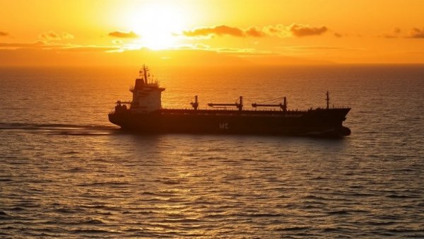 Silhouetted oil tanker at sunset for marine insurance context