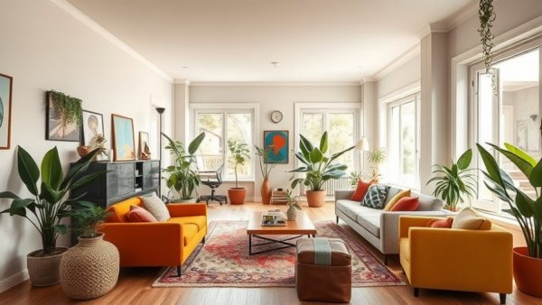 Colorful apartment living room with natural light and vibrant decor.