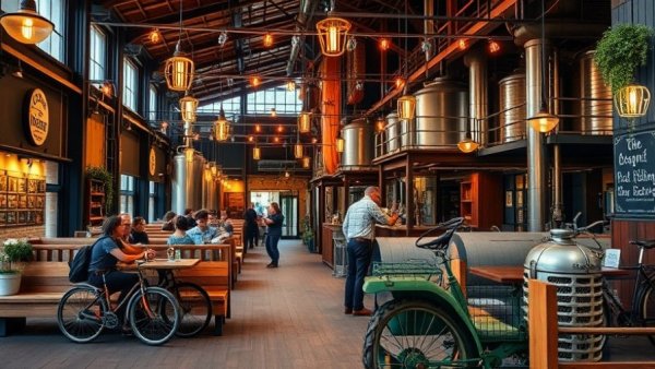 Free Range Brewing exterior, rustic charm, outdoor seating, vintage tractor.