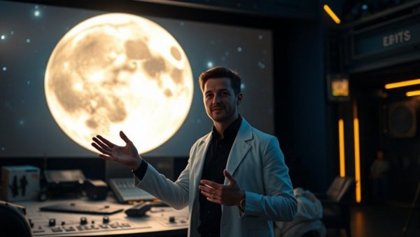 Futuristic presentation on Moonbase Alpha with lunar backdrop.