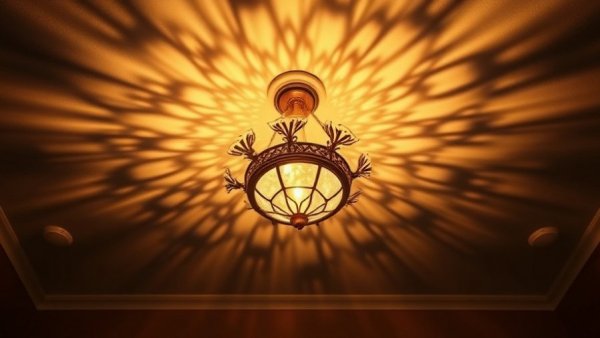 Elegant ceiling light casting intricate shadows in a warm glow.