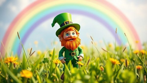Family-Friendly Leprechaun Party flyer with leprechaun and rainbow.