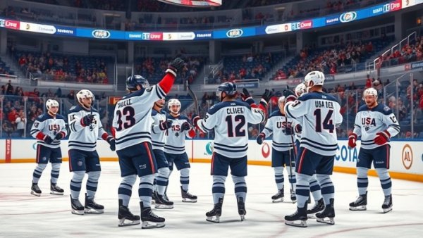 Team USA celebrates an Olympic Gold medal victory in ice hockey.