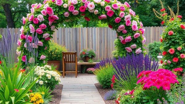 Beautiful Ohio Native Plants Garden with floral arch and seating area.