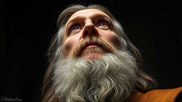 Classical painting of an aging man gazing upwards.