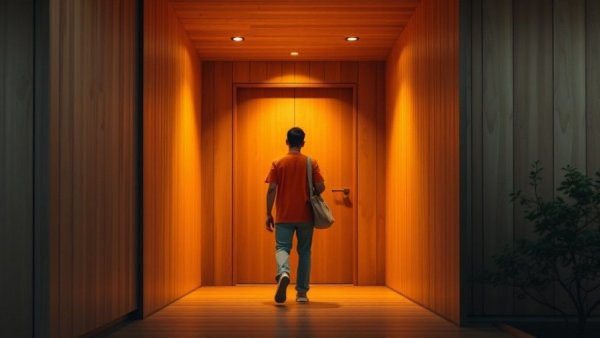 Modern Japandi entryway design with warm lighting and minimalist aesthetics.