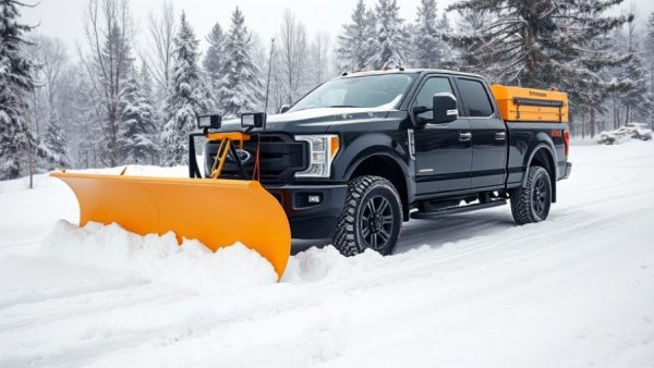 Commercial snowplow truck in winter landscape, centralized commercial landscape management.