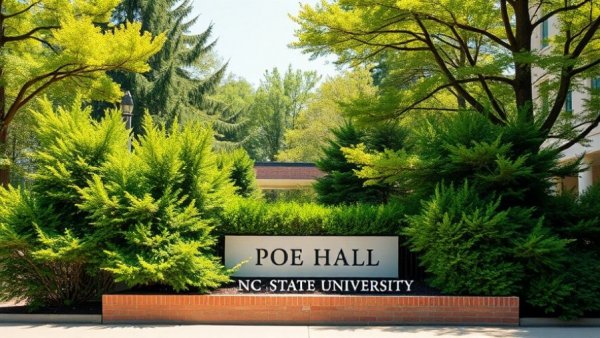NC State University Poe Hall sign surrounded by greenery.