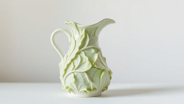 Intricate cabbage-inspired ceramic pitcher, Cabbagecore decor trend 2026.