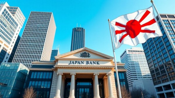 Japanese bank with flag, Basel 4 implementation theme.