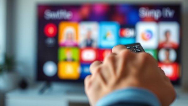 Hand operating TV remote in front of smart TV screen.