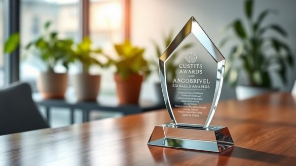 Crystal award on table in modern office, business evaluation setting.