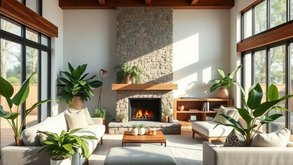Cozy living room with budget biophilic design ideas.