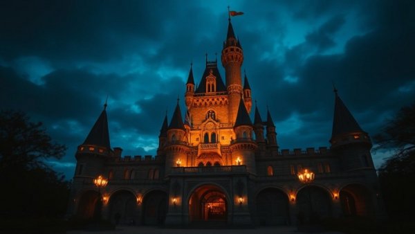 Ardross Castle illuminated by torches at twilight, offering a cinematic view of this filming location.