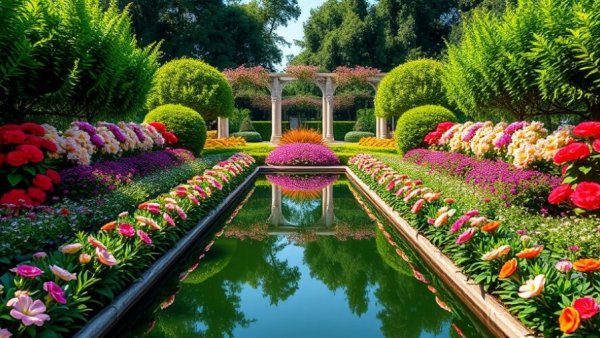 Colorful flower garden at Parc Marie-Victorin with reflecting pool.