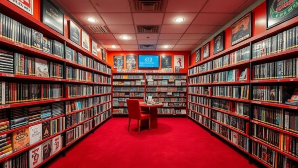 Retro video store interior showcasing vibrant film selections.