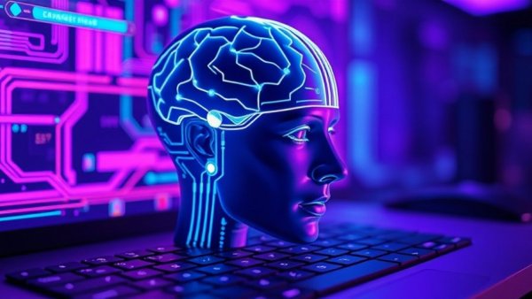 AI representation in finance with digital head and keyboard.