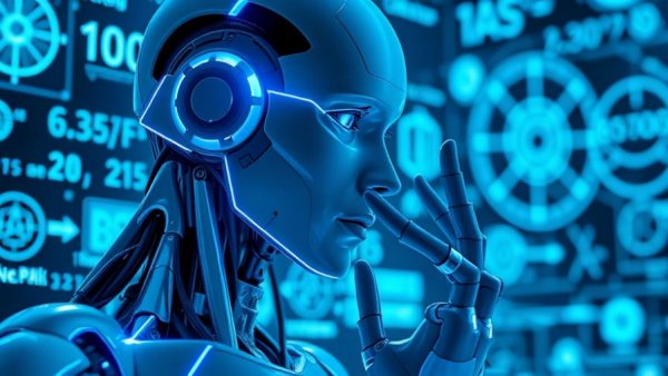 AI robot analyzing equations, highlighting AI existential risk.