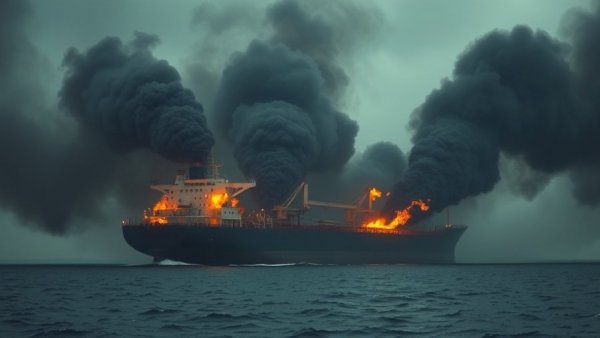 Oil Prices Surge Due to US-Israeli Attacks: Burning oil tanker image.