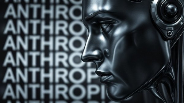 Close-up metallic profile with 'ANTHROPIC' text, emphasizing AI concept.
