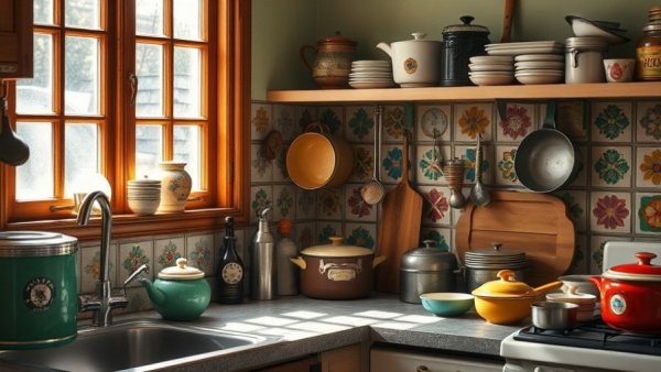 Charming vintage kitchen with valuable vintage kitchen items, patterned tiles, and cookware.