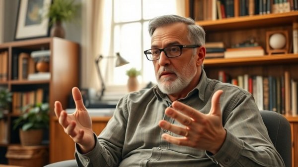 Man discussing trends in office with shelves