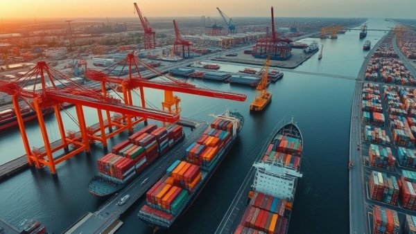 Aerial view of UK container port showcasing trade activity.
