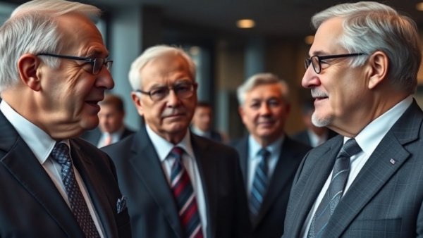Debanking lawsuit discussion between two distinguished older men in suits.