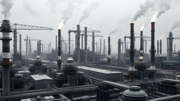 Industrial refinery complex with flames and cranes under gray skies, illustrating Financial Insights.