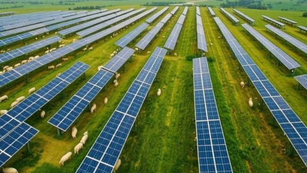 Aerial shot of solar panels with grazing sheep demonstrating green financing in Romania.