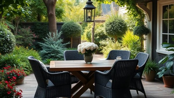 Pamela's Garden Rooms for Gathering: serene garden patio with wooden table and chairs.