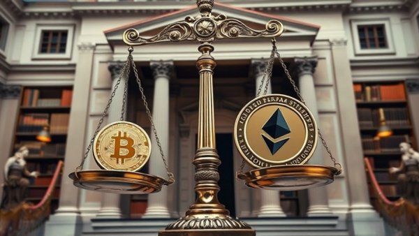 Bitcoin and Ethereum coins balanced on scales in a neoclassical library, symbolizing buy sell business.