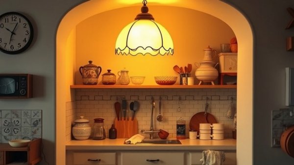 Cozy kitchen nook with a scalloped lamp for apartment renters