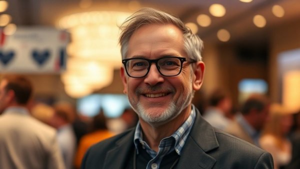 Professional setting with a smiling man in focus.