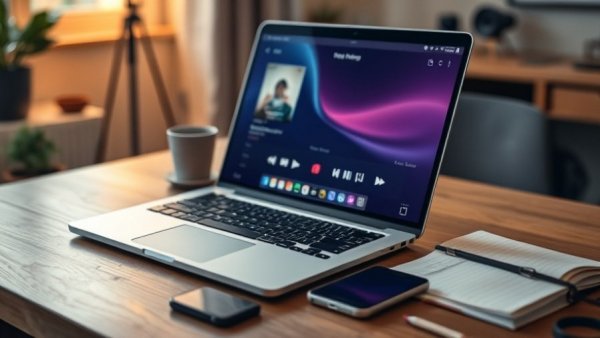 Modern workspace with laptop and smartphone, buy sell business context.