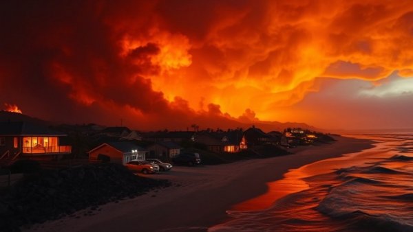Dramatic coastal wildfire near homes, highlighting homeowner insurance.
