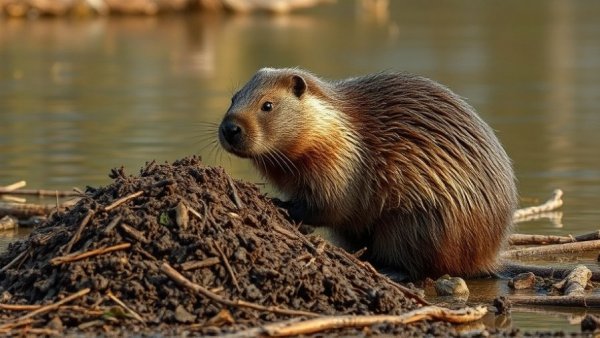 Beaver near riverbank exploring mud pile, related to climate justice.