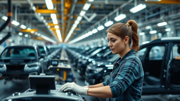 Factory worker assembling custom Ford Explorer, automotive production line.